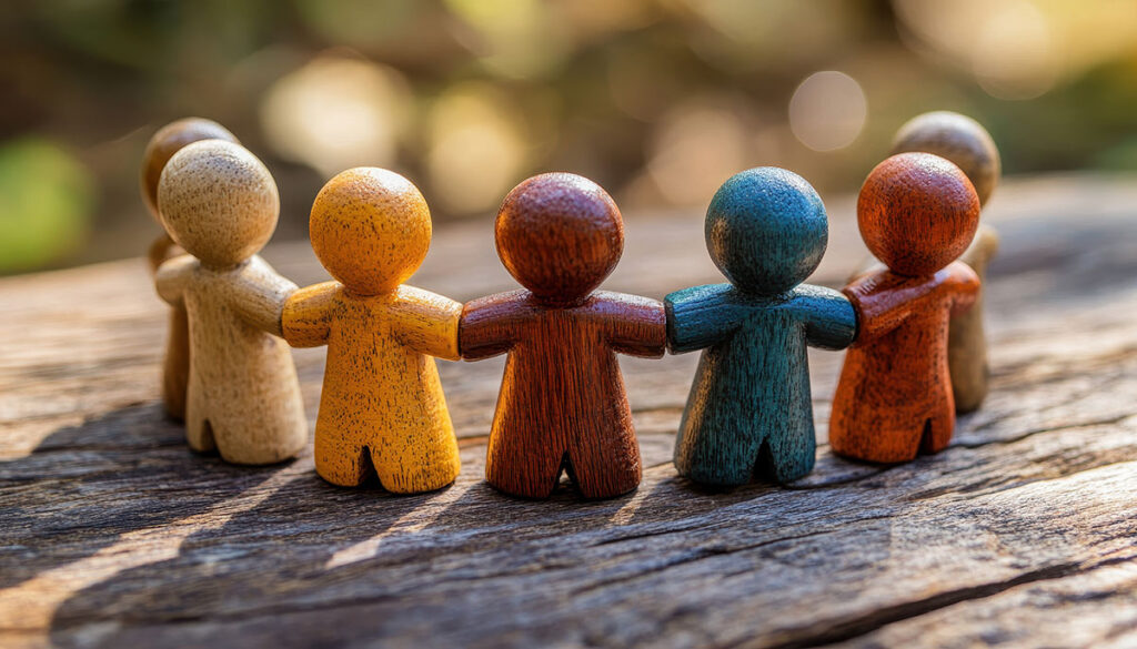 coloful wooden figurines representing cultures
