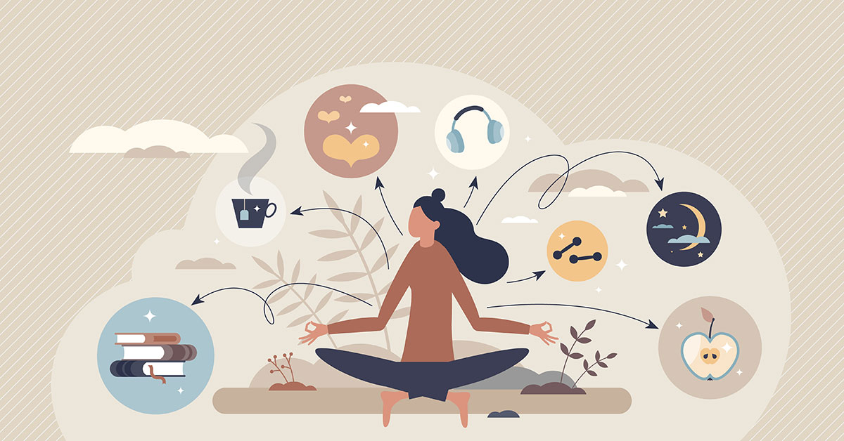 personal wellness vector with woman sitting around hobbies